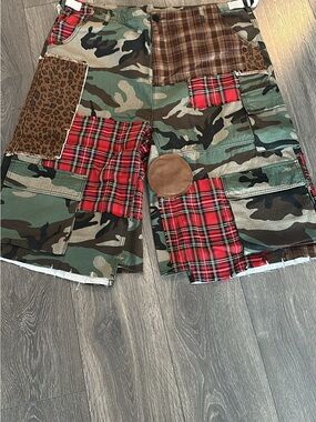 Bravest Studios Camo Patchwork Cargo Shorts with Red Tartan & Brown Accents